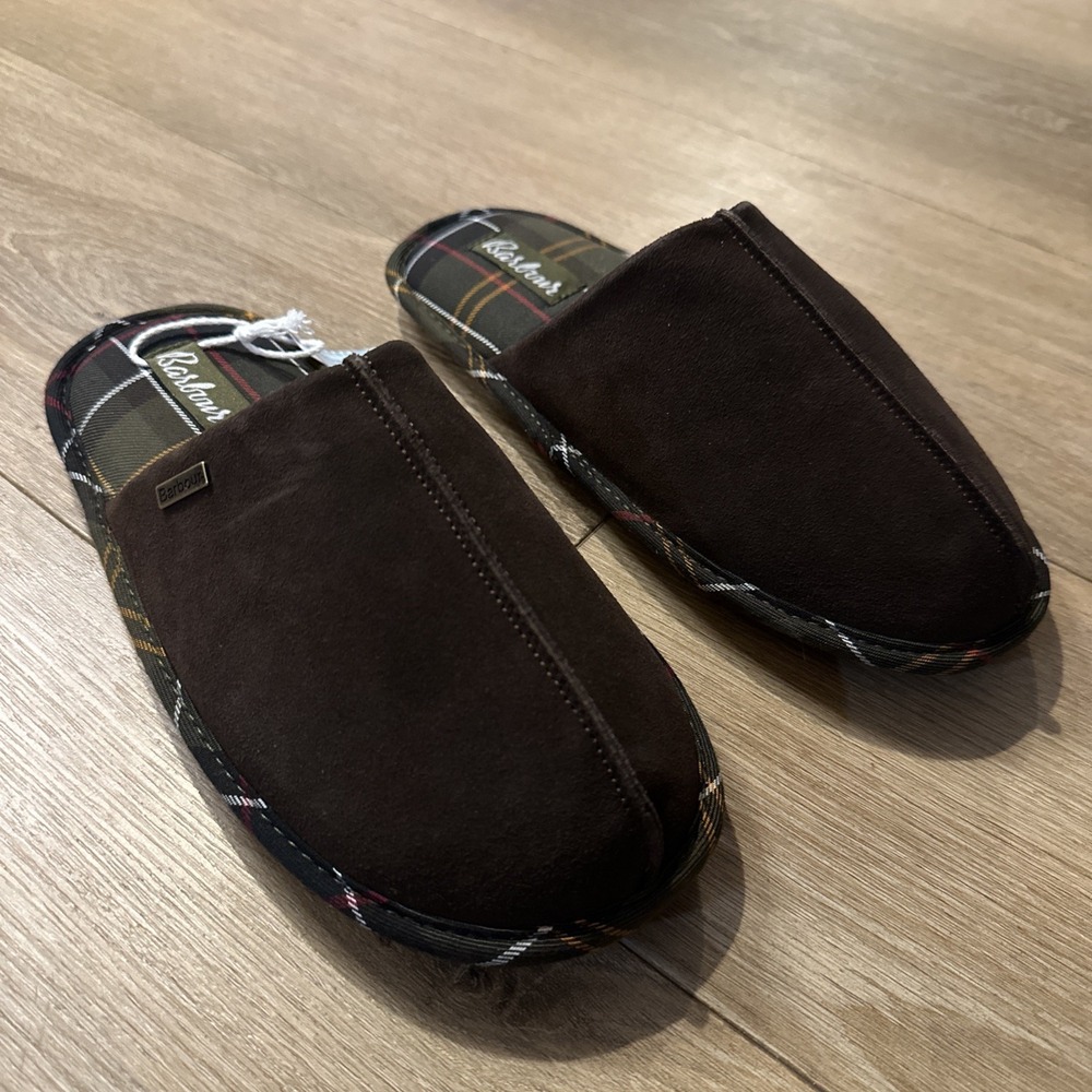 Barbour Suede Leather Womens SIMONE Slippers Size 6 Brown/Tartan NIB‎